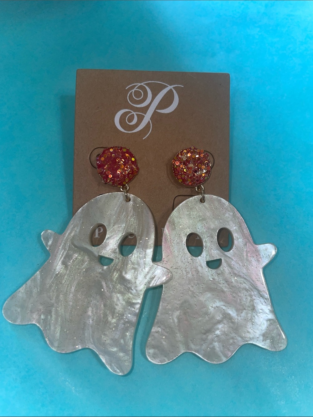 Plunder Iridescent Pearl Ghost Drop Earrings with Pink-Red Glitter Posts - Picture 2 of 5
